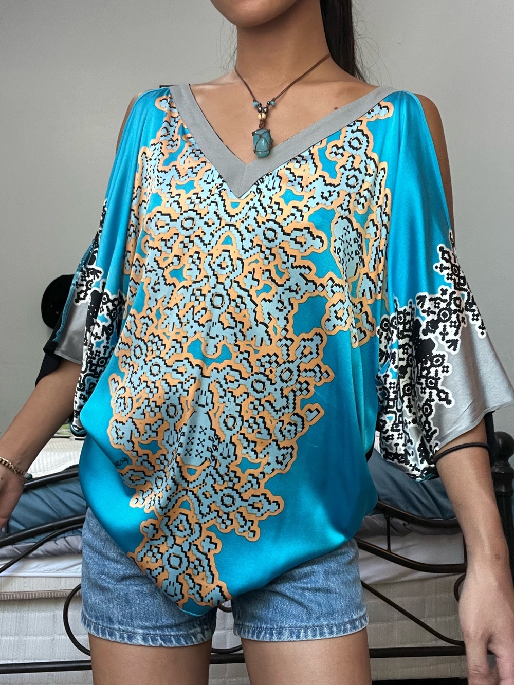 Turquoise Patterned Satin Boho Top